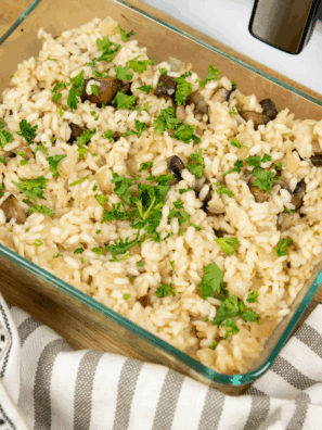 Creamy risotto served in a bowl, cooked perfectly in the air fryer.