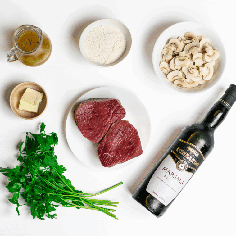 Ingredients needed for Air Fryer Steak Marsala on kitchen table.