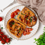 Air Fryer Welsh Rarebit with creamy cheese sauce on toast."