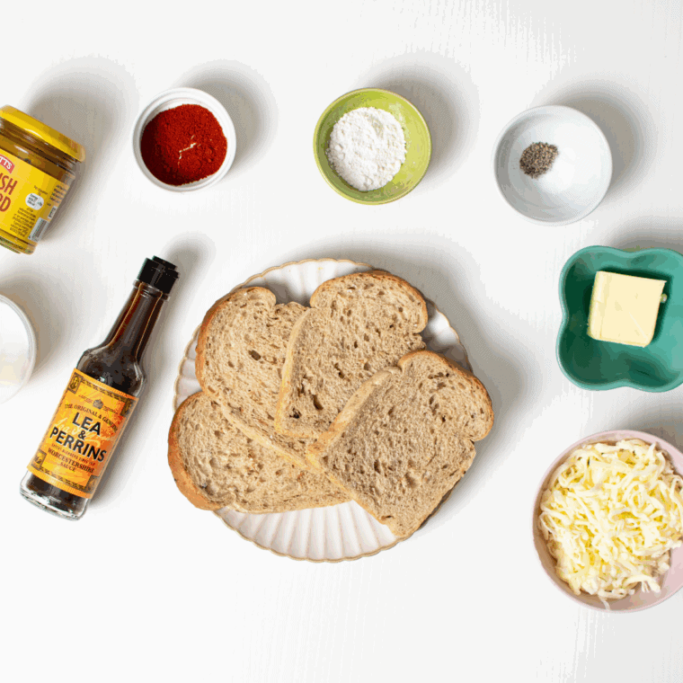 Ingredients needed for Air Fryer Welsh Rarebit on kitchen table.