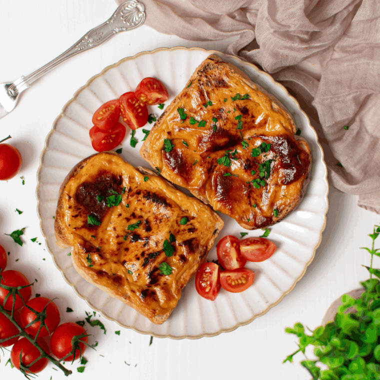 Air Fryer Welsh Rarebit with creamy cheese sauce on toast.