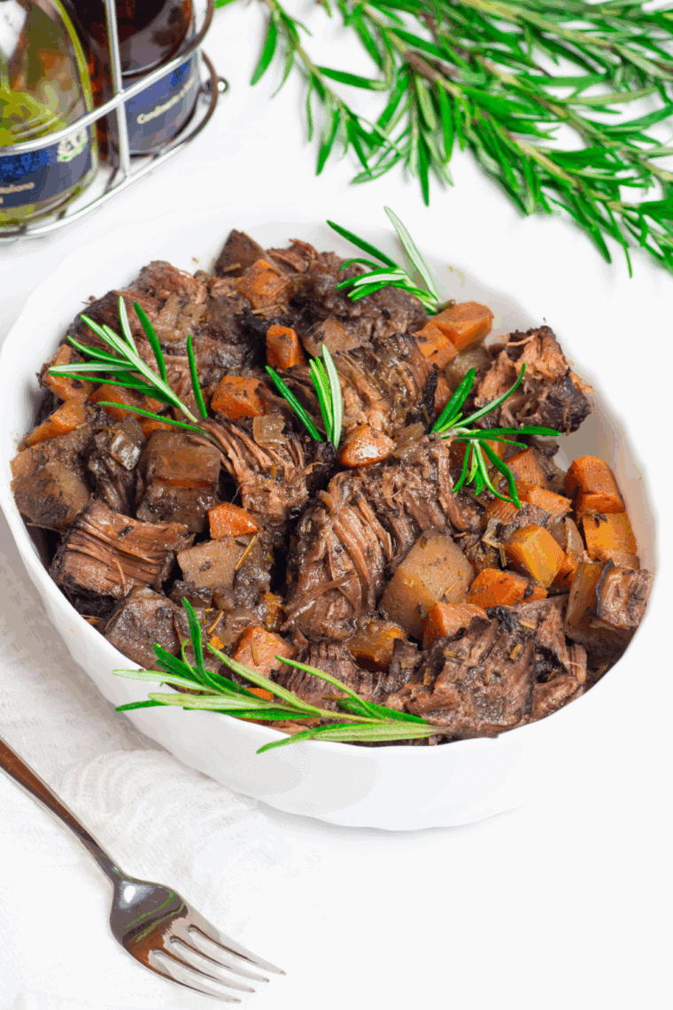 Air Fryer Yankee Pot Roast with tender chuck roast, carrots, and potatoes.