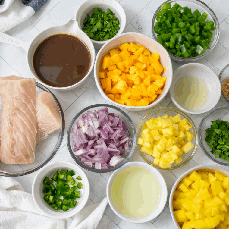 Ingredients needed for Blackstone Mahi Mahi Recipe on kitchen table.