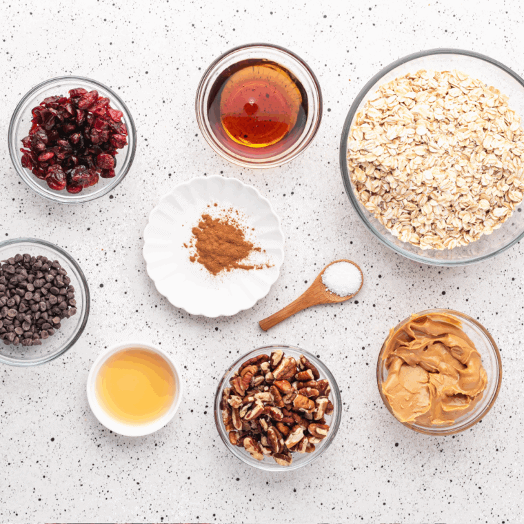 Ingredients needed for Copycat Nature Valley Granola Bars on kitchen table.