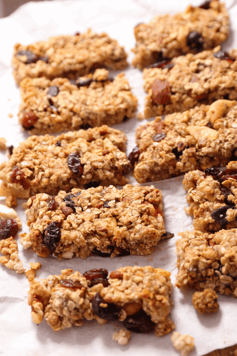 Homemade Copycat Nature Valley Granola Bars with oats, honey, and brown sugar.