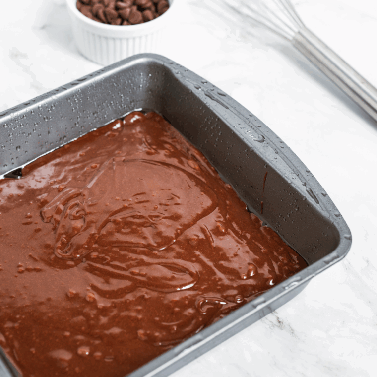 Pour batter into the baking pan.