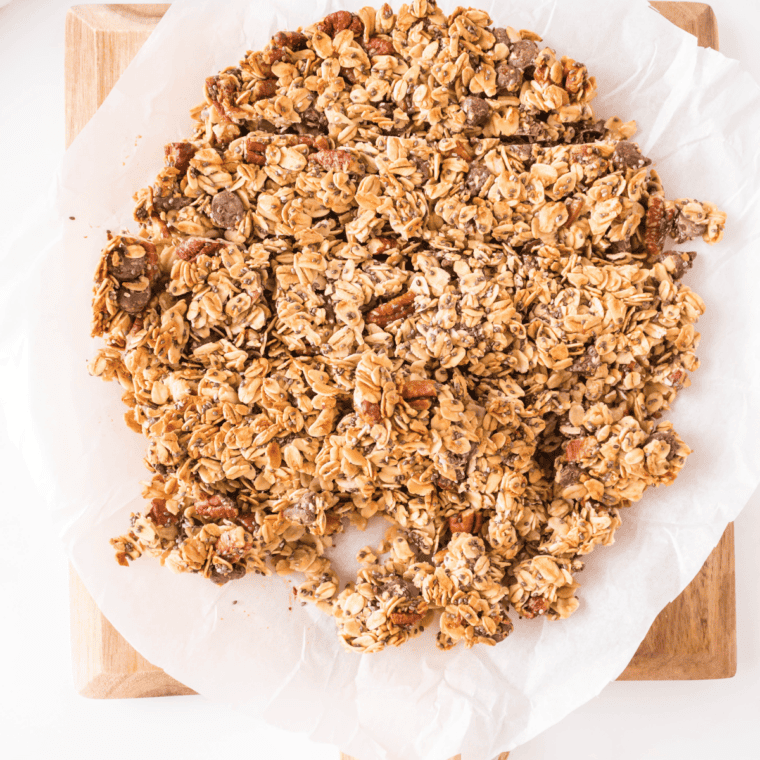 Homemade cinnamon granola with oats, nuts, and a crunchy, sweet texture.