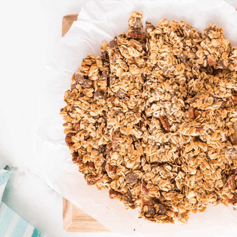 Homemade cinnamon granola with oats, nuts, and a sweet, crunchy texture.