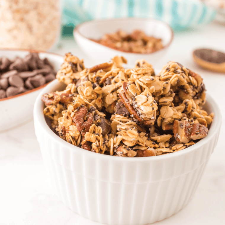 Homemade cinnamon granola with oats, nuts, and a sweet, crunchy texture.