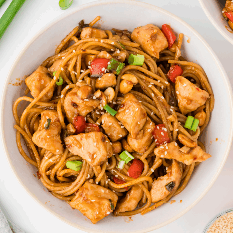 A plate of Kung Pao Chicken Spaghetti with tender chicken, vegetables, and a spicy, savory sauce.