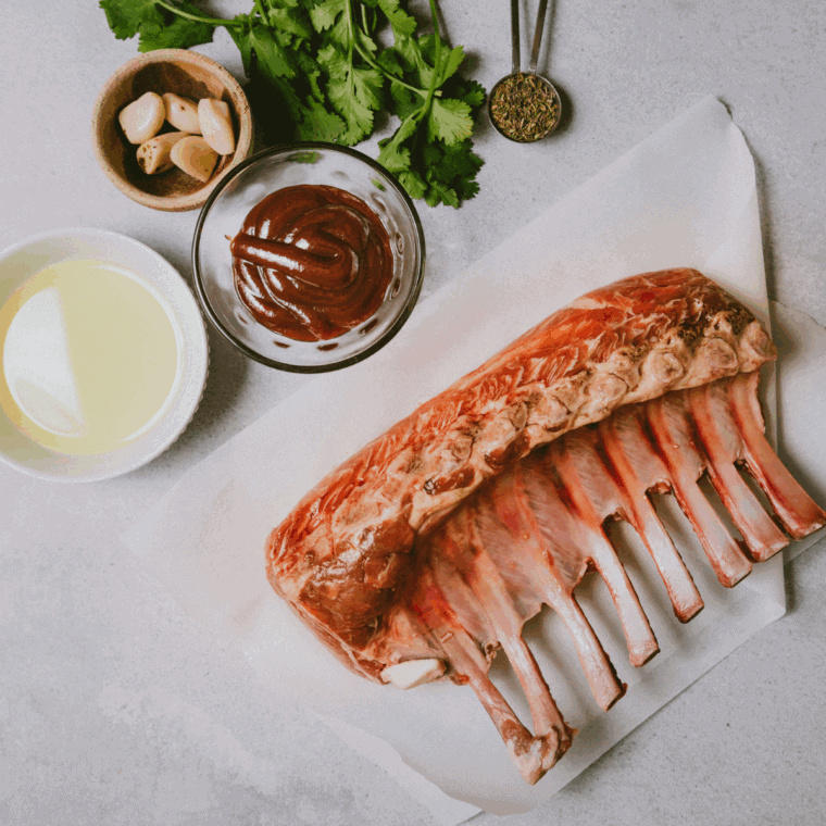 Ingredients needed for Masala Lamb Chops on kitchen table.