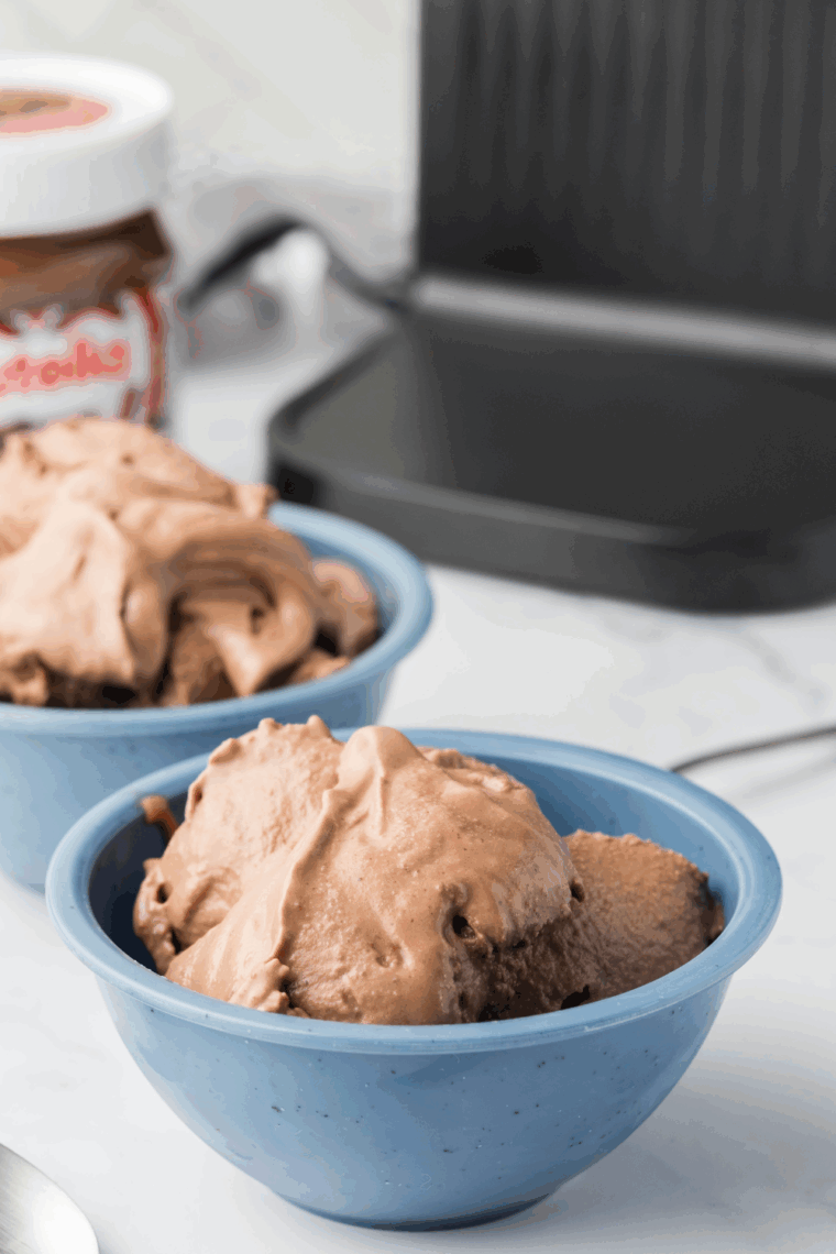 Close-up of creamy Nutella gelato scoops made in the Ninja Creami, served in a bowl.