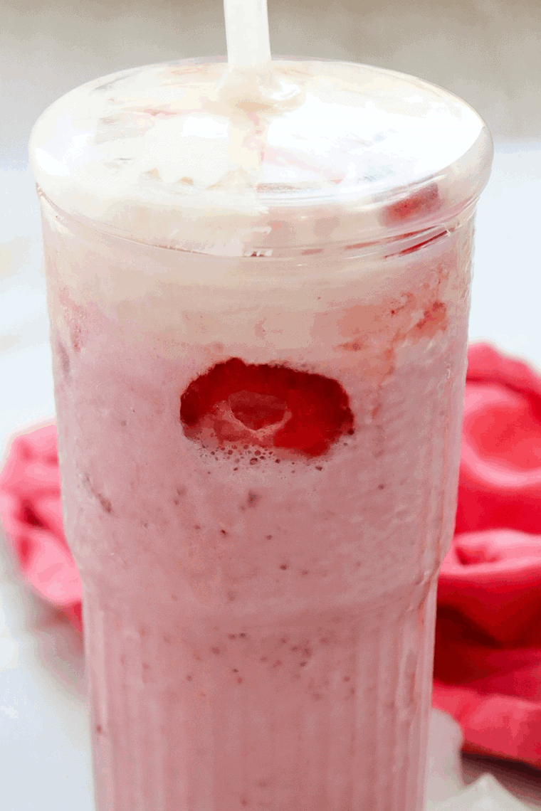 Ninja Creami Starbucks Strawberry Cheesecake Frappuccino with creamy cheesecake and strawberries.