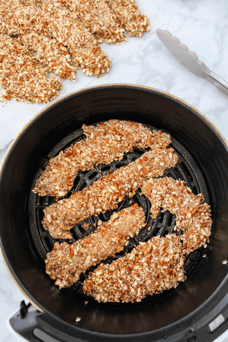Air Fryer Coated pretzel chicken tenders.