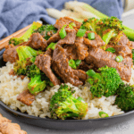Sheet Pan Beef and Broccoli Freezer Meal with tender beef and crisp broccoli on a baking sheet.