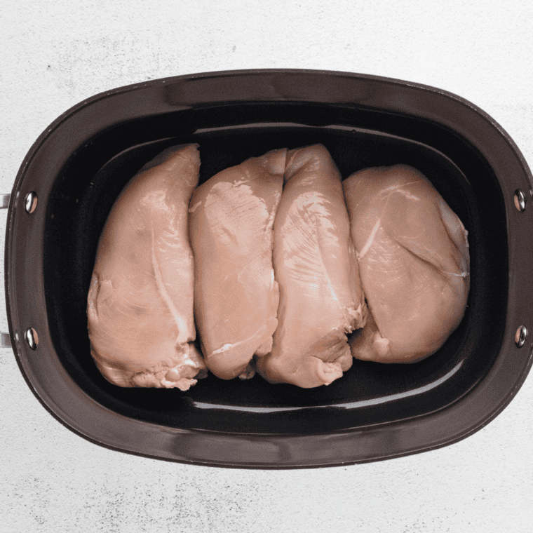 Raw chicken breasts in the Ninja Foodi Pro Possible Cooker, in a single layer.