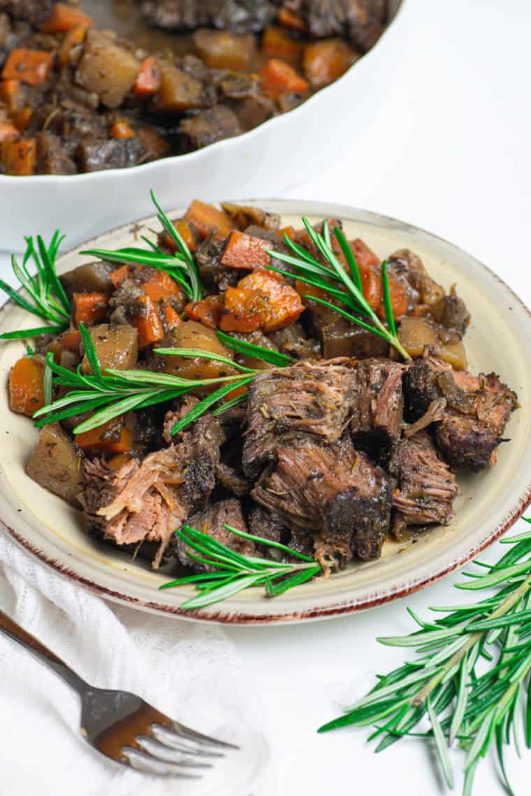 Air Fryer Yankee Pot Roast with tender chuck roast, carrots, potatoes, and seasonings.