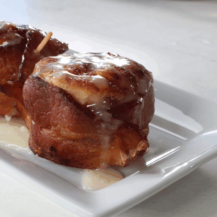 Air Fryer Bourbon Bacon Cinnamon Rolls with cinnamon, crispy bacon, and a hint of bourbon, air-fried to golden perfection.