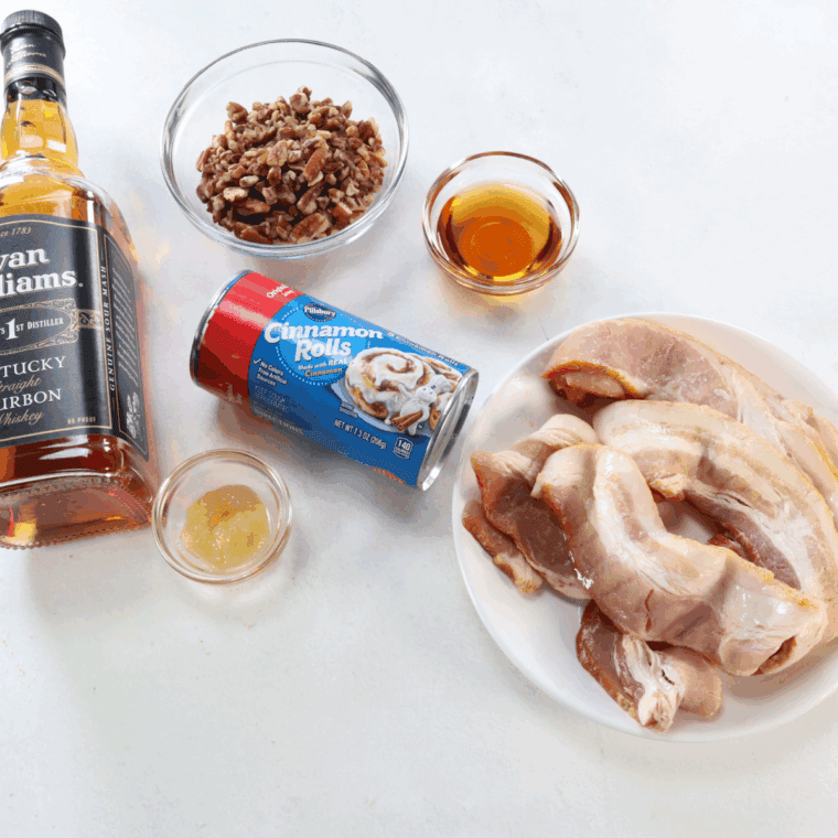 Ingredients needed for Air Fryer Bourbon Bacon Cinnamon Rolls on kitchen table.