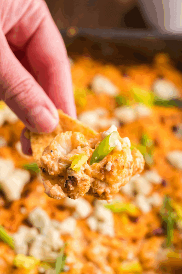 Fryer buffalo cauliflower dip, cream cheese, buffalo sauce and crispy cauliflower, perfect for dipping and snacks.