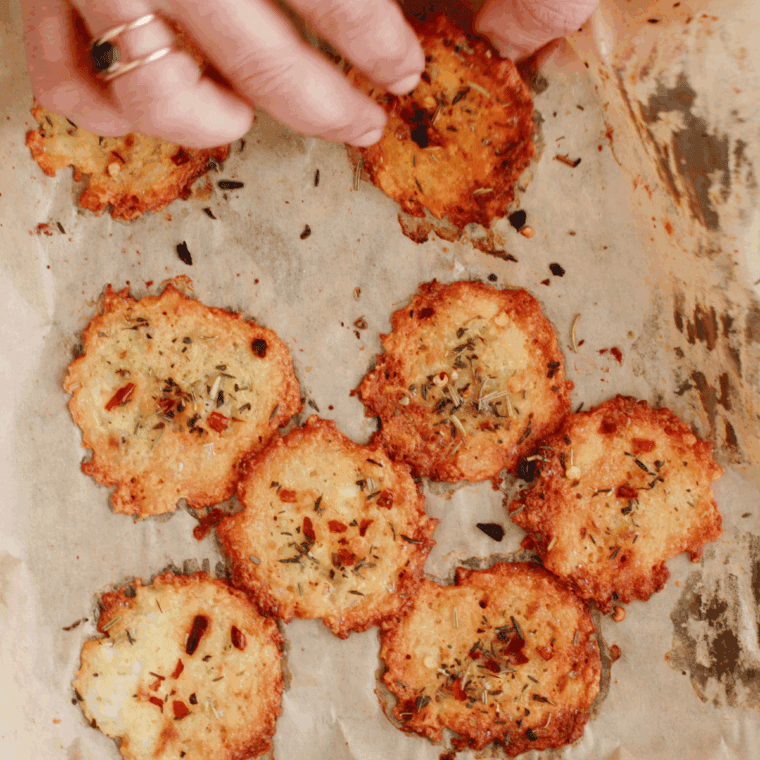 Air Fryer Cottage Cheese Chips with garlic powder, chili flakes, and Italian herbs, golden and crispy.