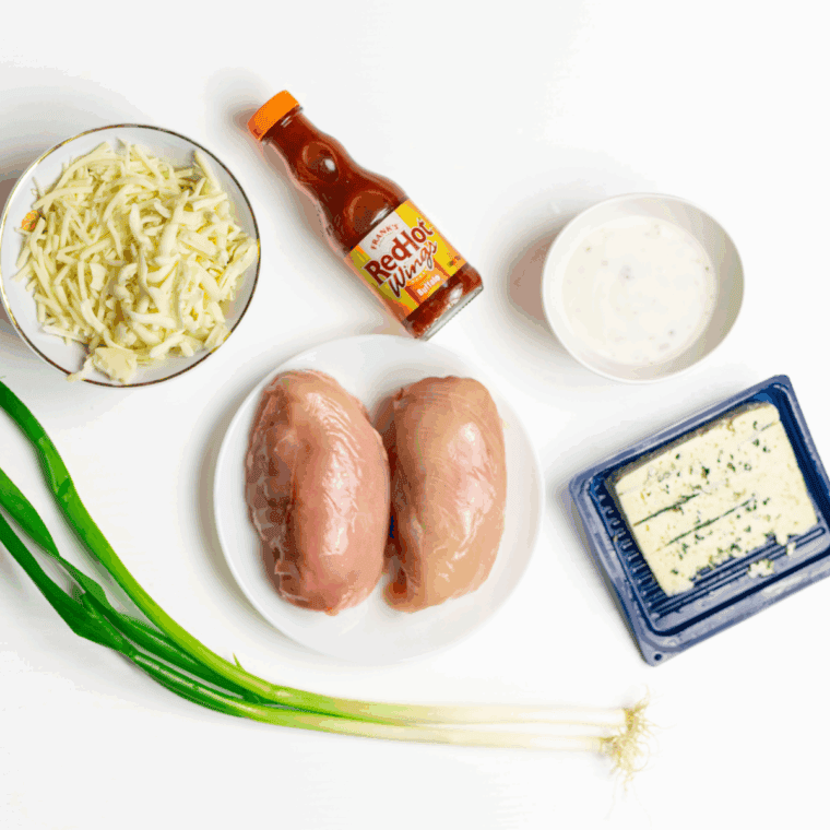 Ingredients needed for Air Fryer Domino's Hot Buffalo Chicken Bake on kitchen table.