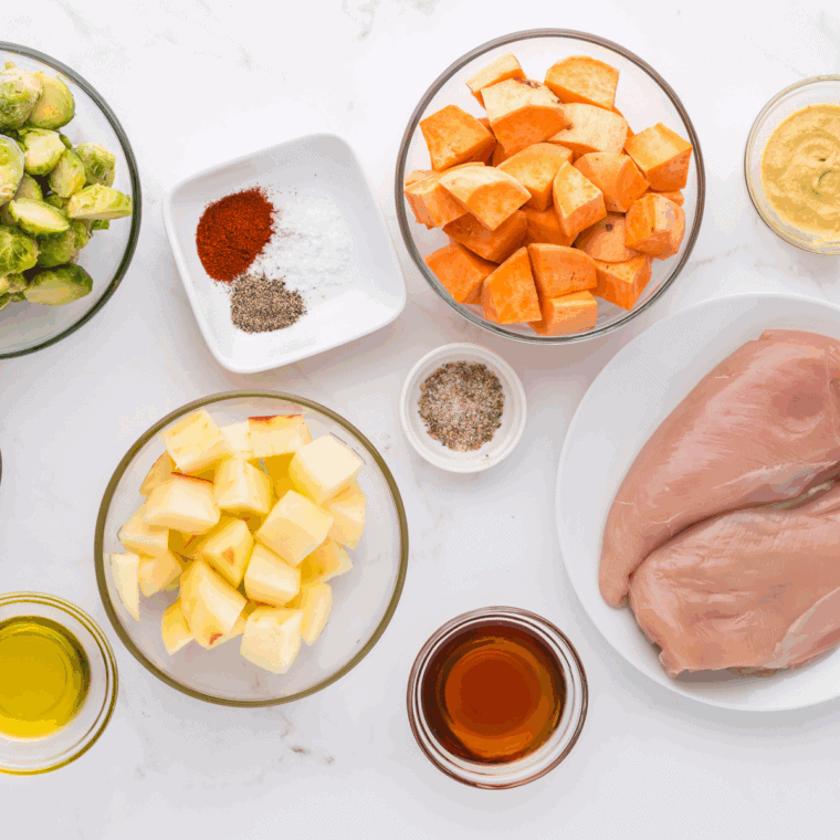 Ingredients needed for Air Fryer Maple Walnut Chicken on kitchen table.