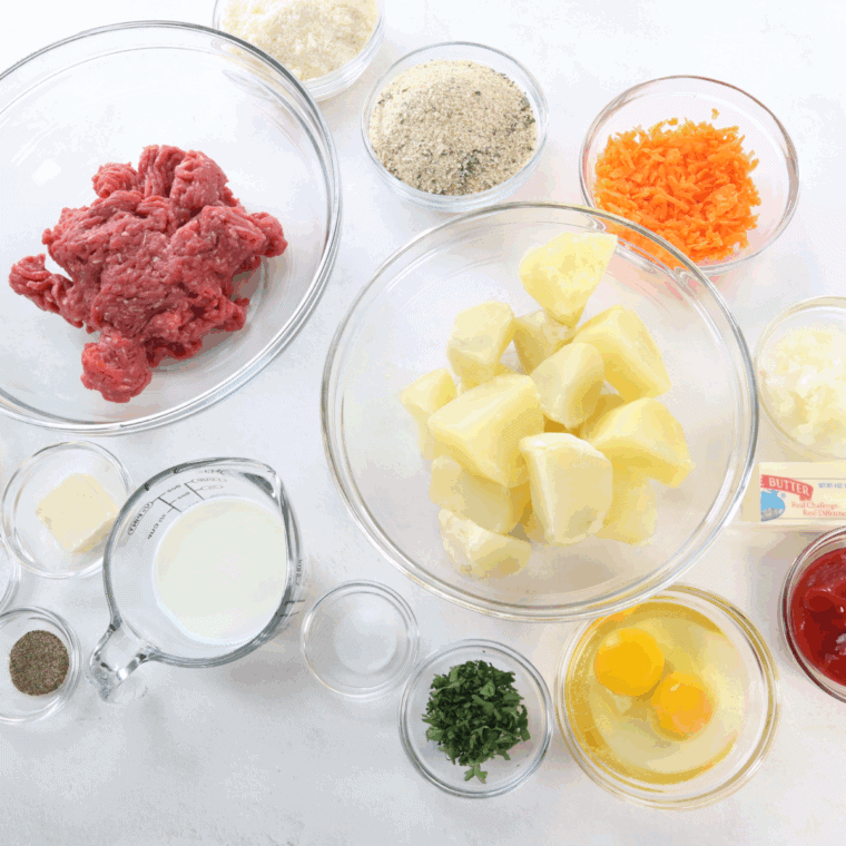 Ingredients needed for Air Fryer Meatloaf Cupcakes with Whipped Potato Topping on kitchen table.