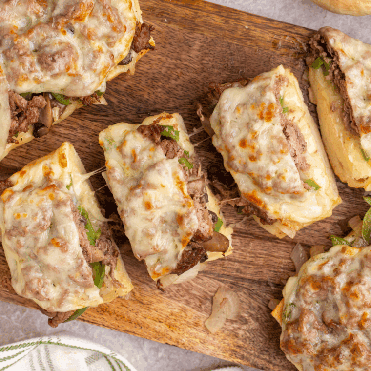Toasted bread topped with steak, sautéed peppers and onions, and melted provolone cheese, cooked in the air fryer.