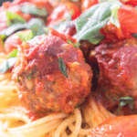 Air Fryer Spaghetti and Meatballs, featuring crispy meatballs and perfectly cooked pasta, ready to serve with marinara sauce.