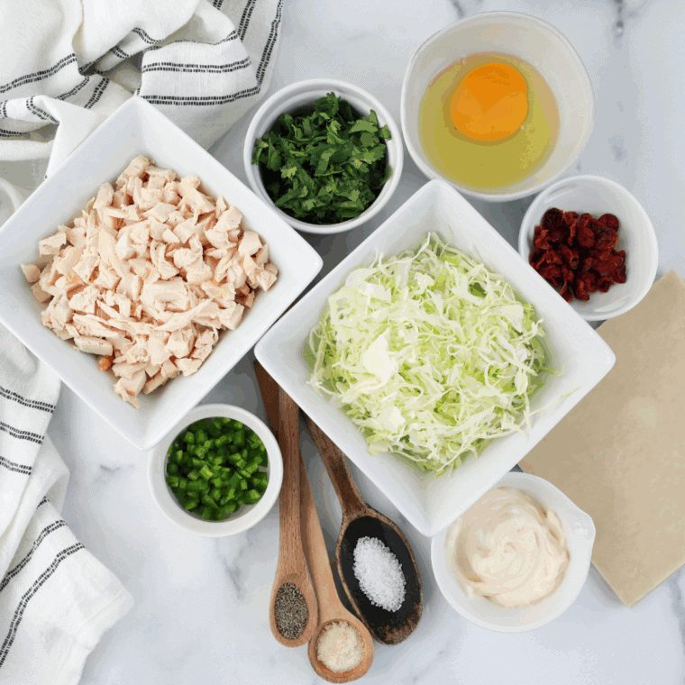 Ingredients needed for Copycat Jack in The Box Egg Rolls on kitchen table.