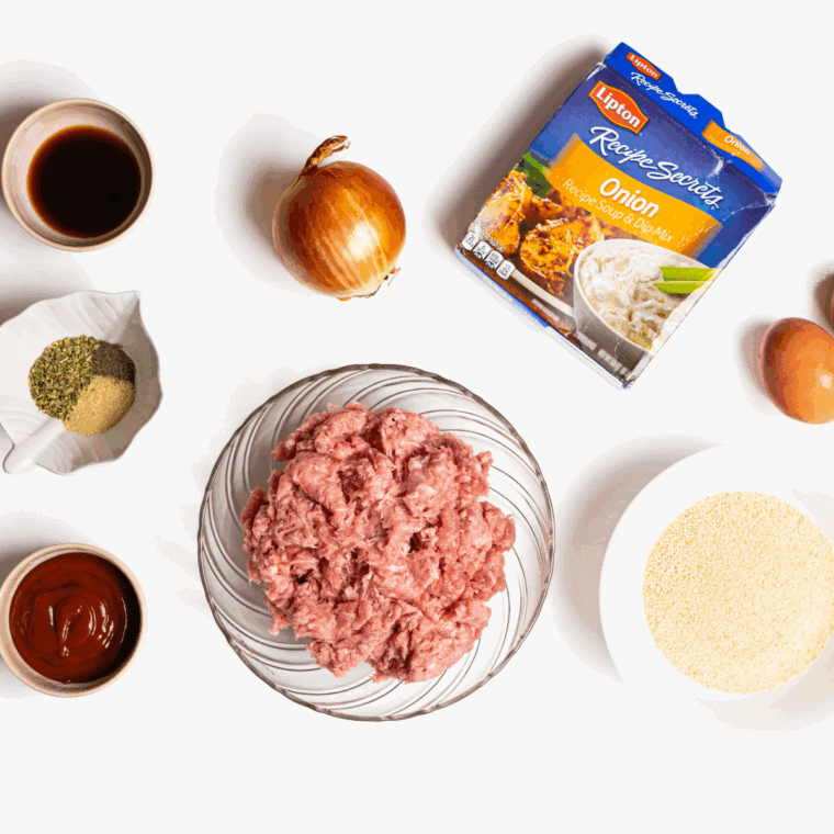 Ingredients needed for EASY Lipton Onion Soup Meatloaf Recipe on kitchen table.