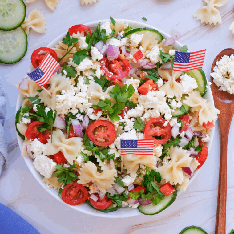 Fourth of July Pasta Salad, a vibrant, flavorful salad with fresh veggies and pasta, ideal for a patriotic and festive celebration.
