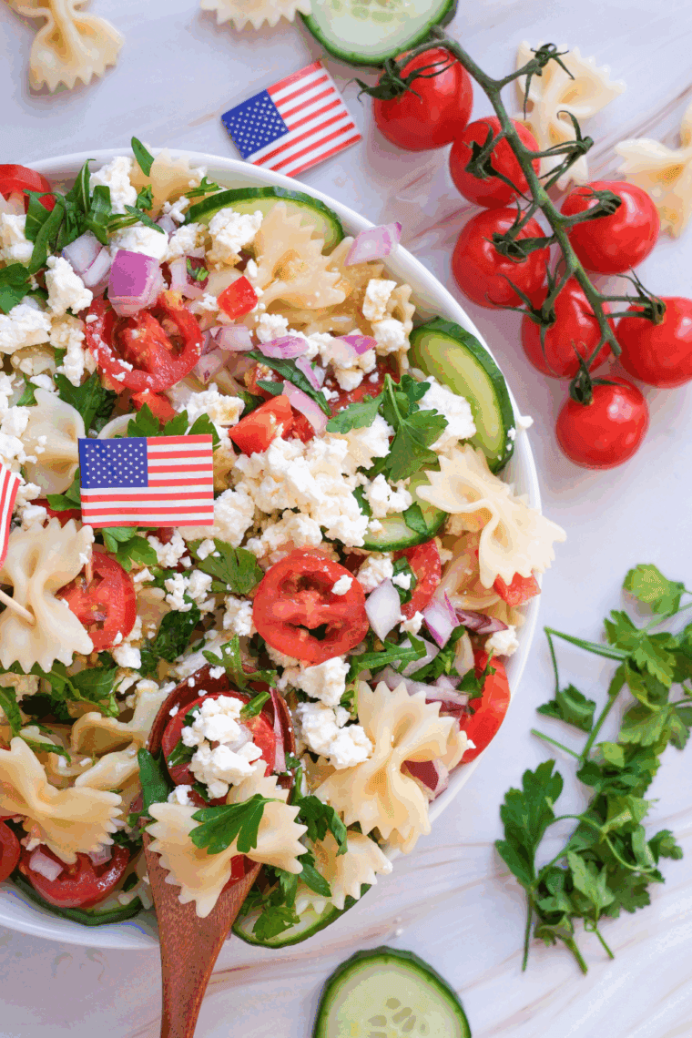 Fourth of July Pasta Salad, a colorful and flavorful pasta dish with fresh vegetables, ideal for celebrating Independence Day or any summer gathering.