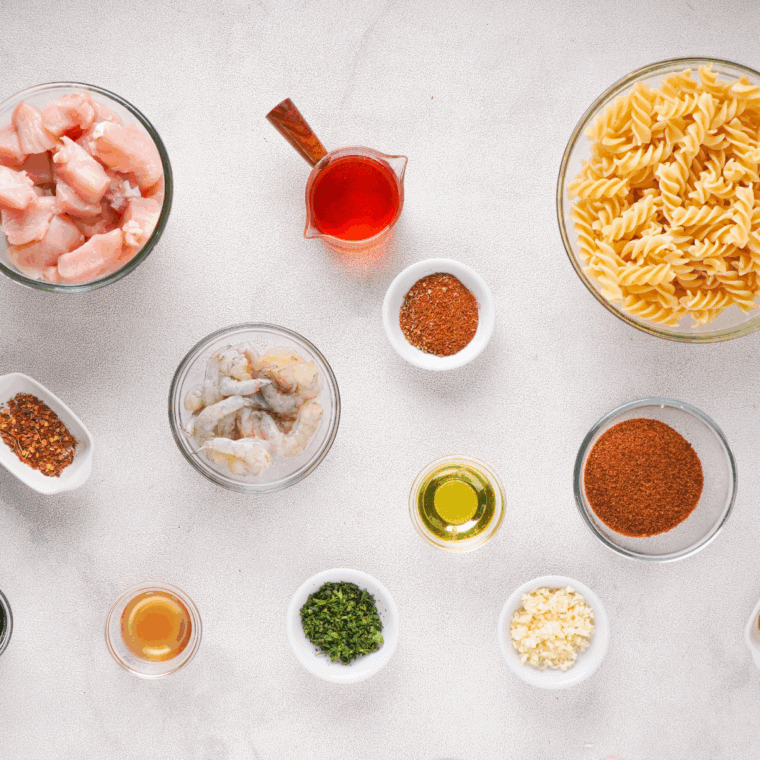 Ingredients needed for Golden Corral Bourbon Street Chicken Copycat on kitchen table.
