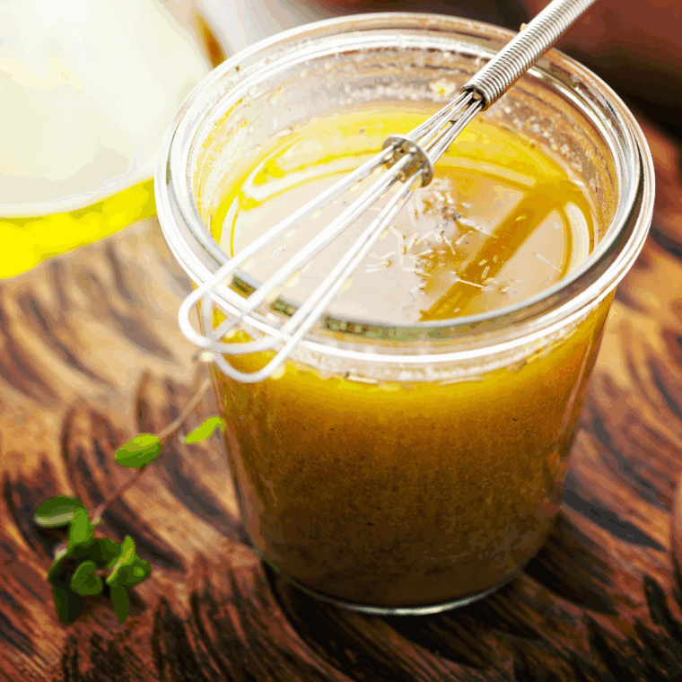Homemade Subway Vinaigrette in a small jar, ready to serve over salads or sandwiches.