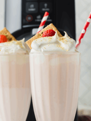 Ninja Creami Copycat Sonic Strawberry Cheesecake Milkshake made with fresh strawberries and creamy cheesecake flavor.