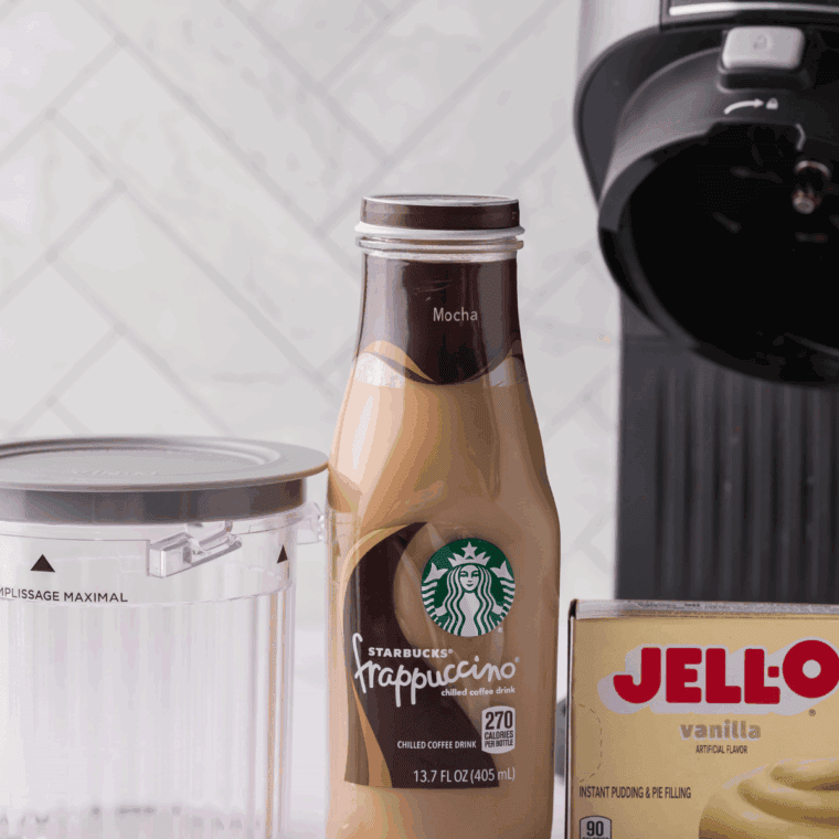 Ingredients needed for Ninja Creami Copycat Starbucks Mocha Frappuccino on kitchen table.
