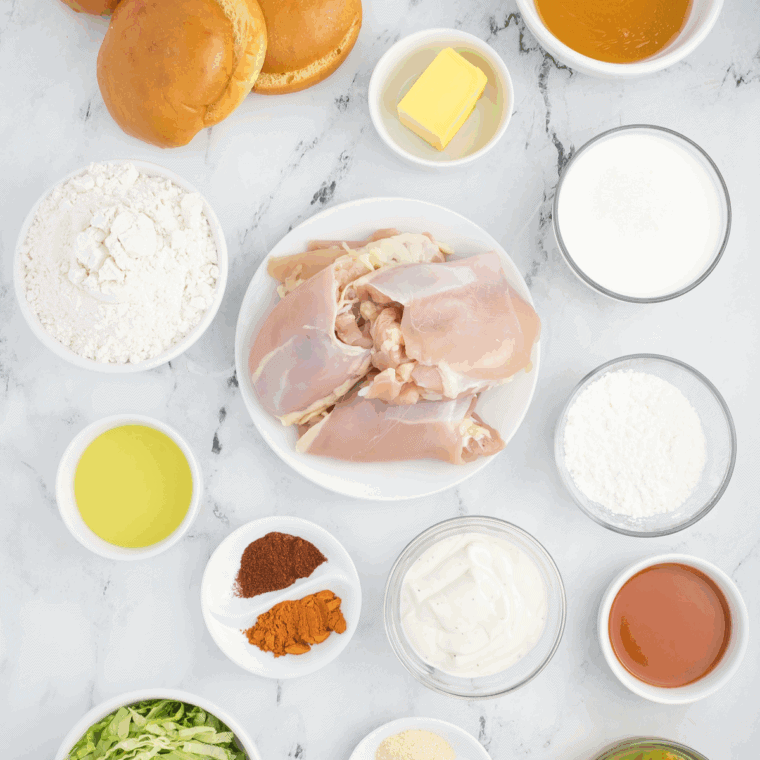 Ingredients needed for Red Robin Mike's Hot Honey Chicken Sandwich Recipe On kitchen table.