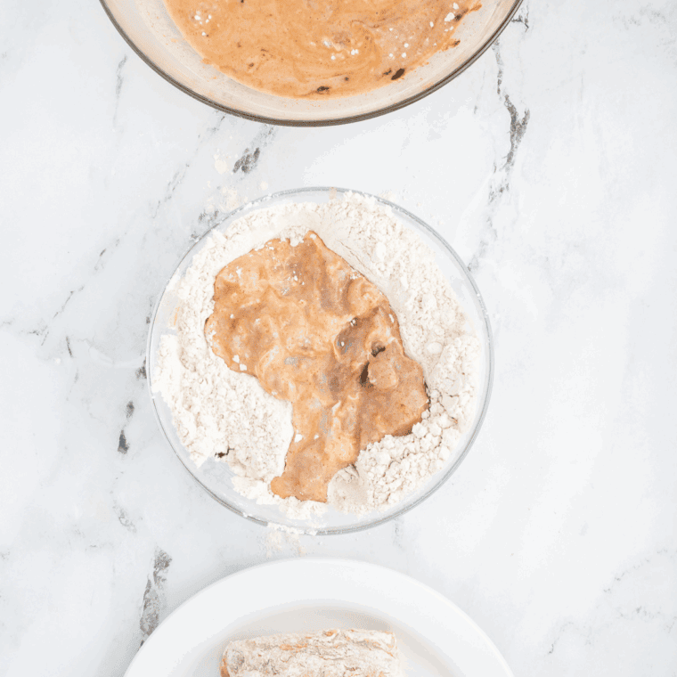 Batter your chicken pieces in the flour, egg wash and flour, coating both sides.