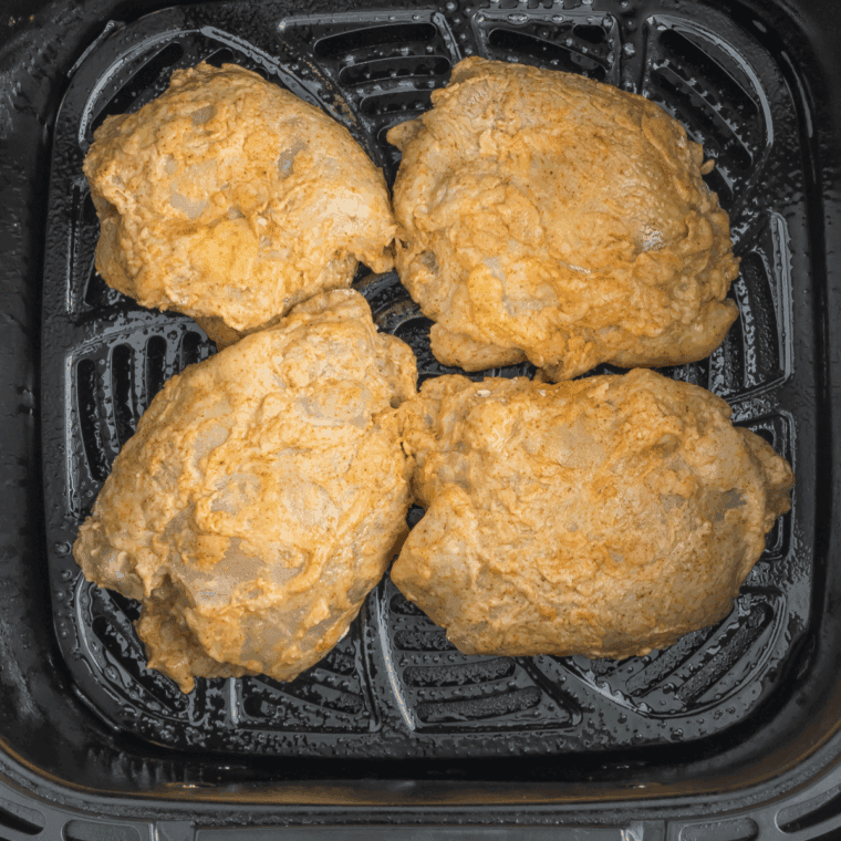 Coated and seasoned chicken in the air fryer basket.