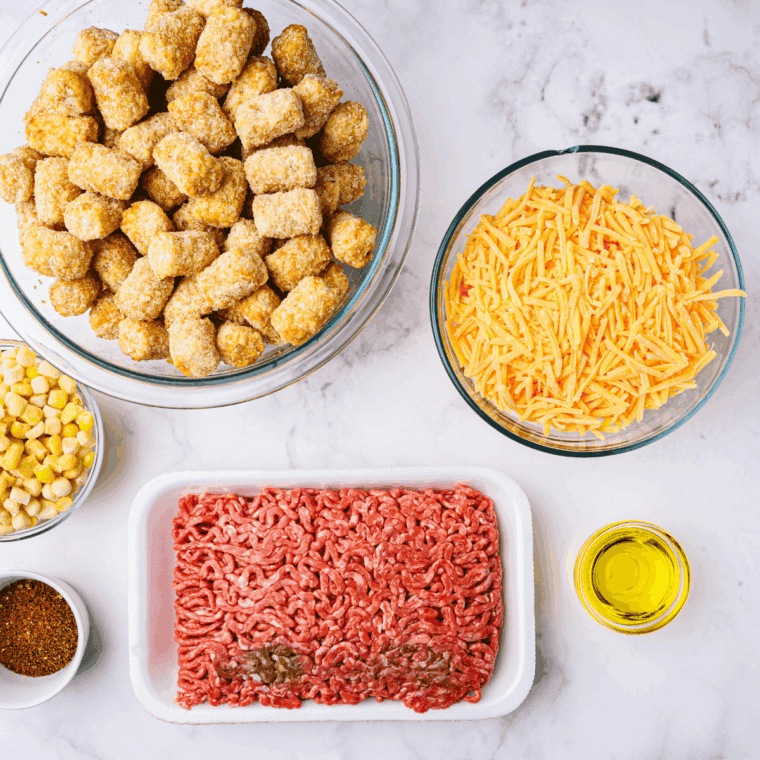 Ingredients needed for Air Fryer Beef Totchos on kitchen table.