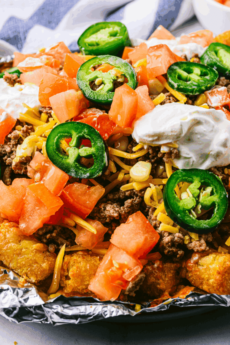 Air fryer beef totchos topped with melted cheese, ground beef, sour cream, and green onions on a plate