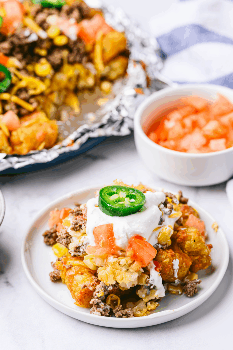 Plate of crispy air fryer beef totchos topped with ground beef, melted cheese, sour cream, and green onions