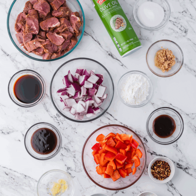 Ingredients needed for Air Fryer Copycat Panda Express Beijing Beef on kitchen table.