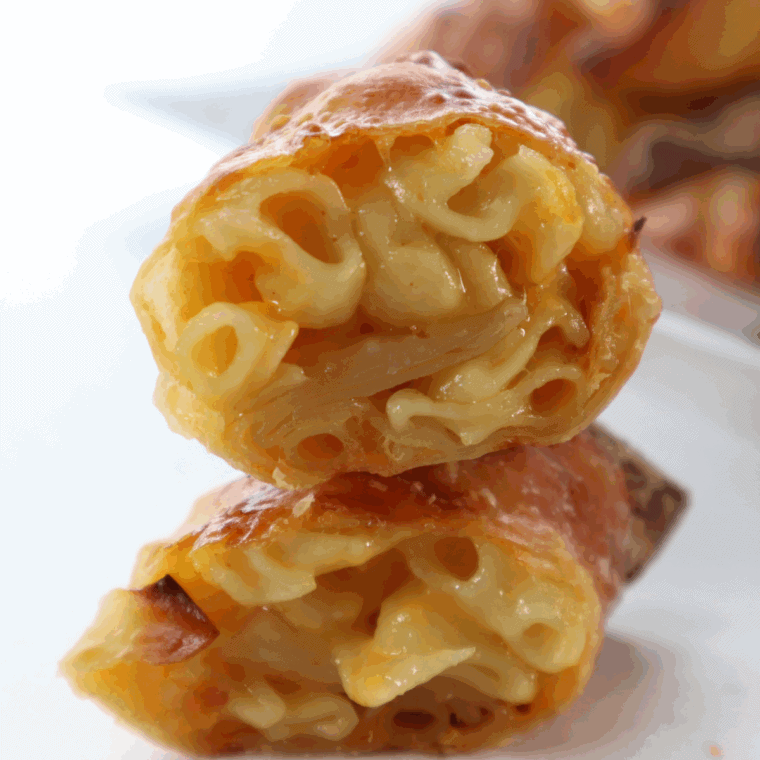 Close up of Air Fryer Mac And Cheese Egg Rolls Recipe.