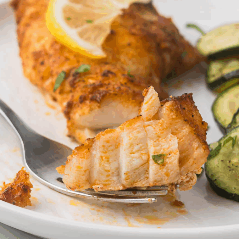 Crispy air fryer monkfish fillets seasoned and cooked to golden perfection, served with lemon wedges.