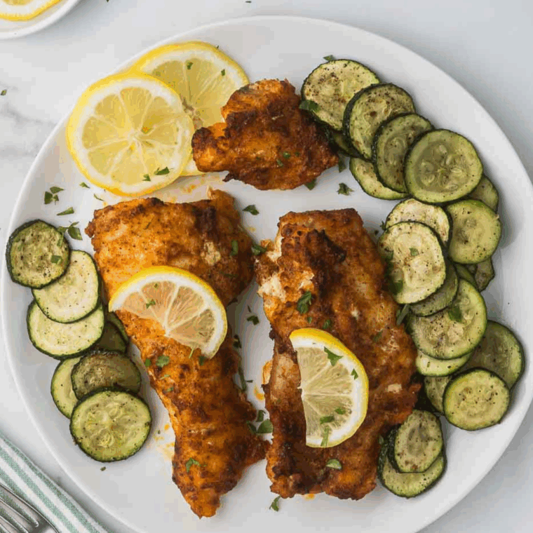 Golden brown monkfish fillets cooked in the air fryer and served with lemon wedges.