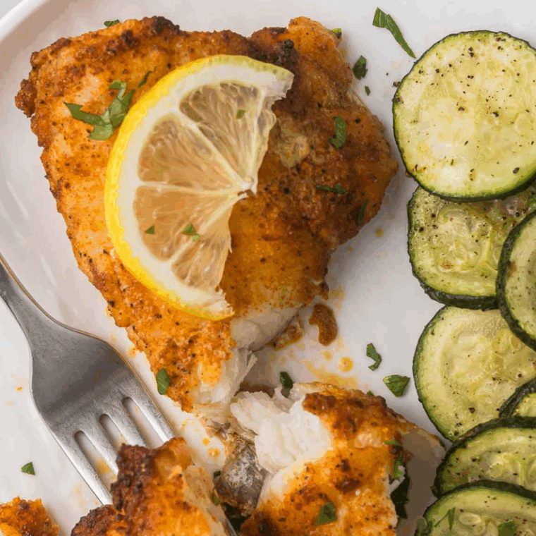 Crispy, golden-brown air fryer monkfish fillets served with lemon wedges and herbs.