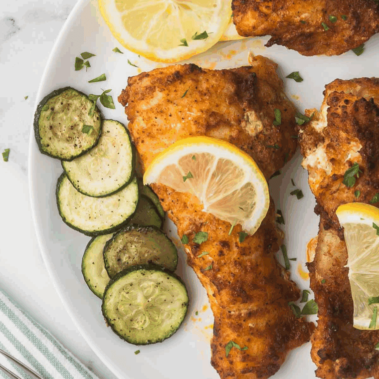 Golden brown air fryer monkfish fillets served with lemon wedges on a plate